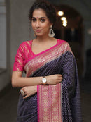 Navy Blue Silk Saree with Rani Pink Floral Zari Border