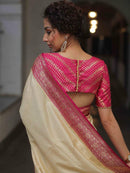 Cream Gold Silk Saree with Rani Pink Zari Border & Elegant Pallu