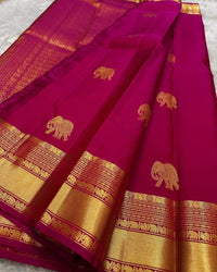 Rani Pink Banarasi Silk Saree with Gold Zari Elephant Motif & Rich Traditional Border