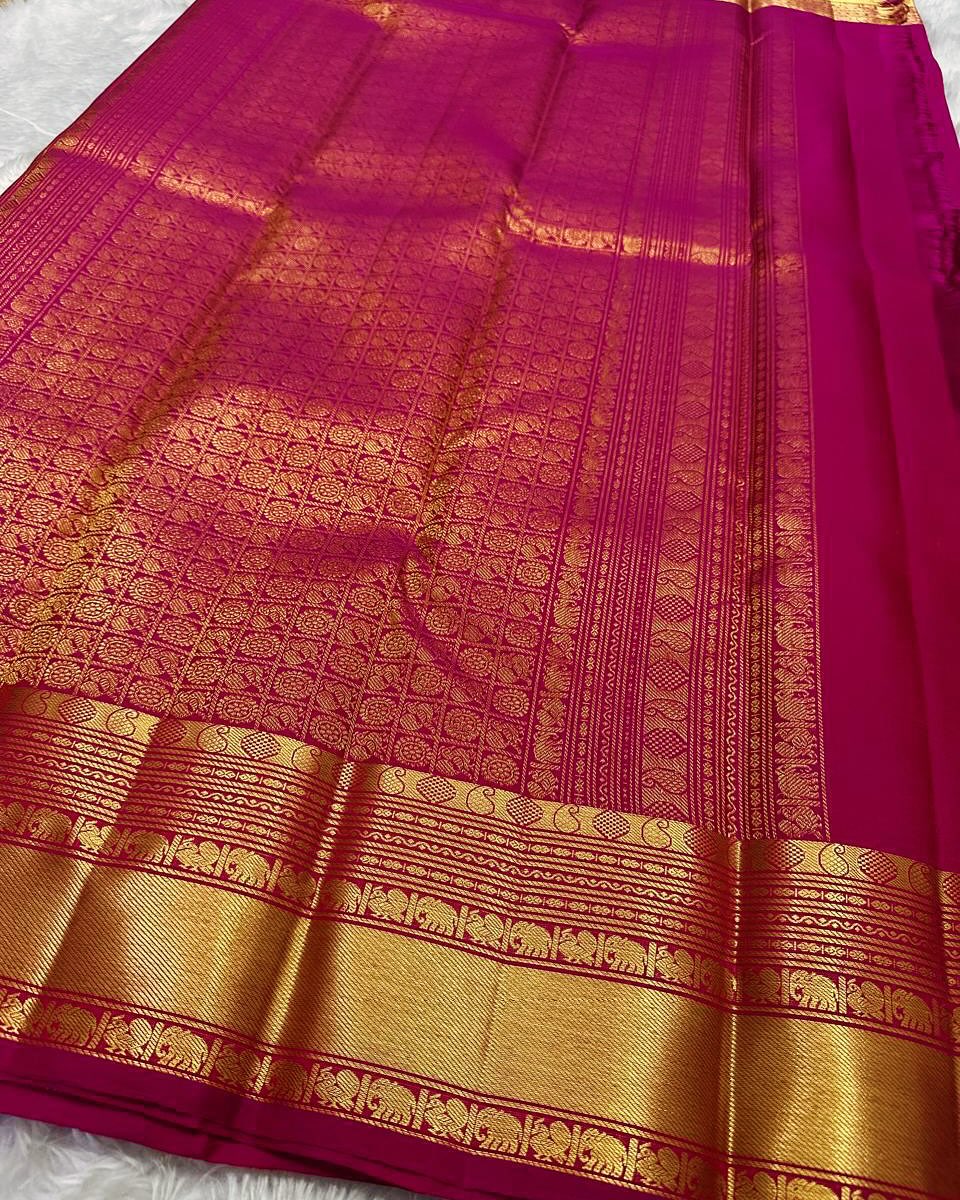 Rani Pink Banarasi Silk Saree with Gold Zari Elephant Motif & Rich Traditional Border