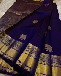 Royal Blue Banarasi Silk Saree with Gold Zari Elephant Motifs & Traditional Woven Border
