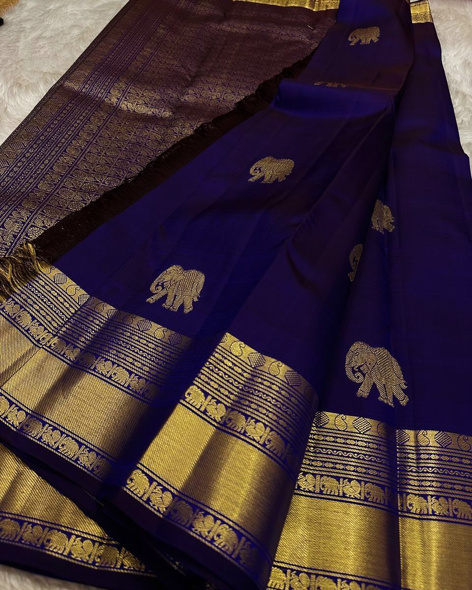 Royal Blue Banarasi Silk Saree with Gold Zari Elephant Motifs & Traditional Woven Border