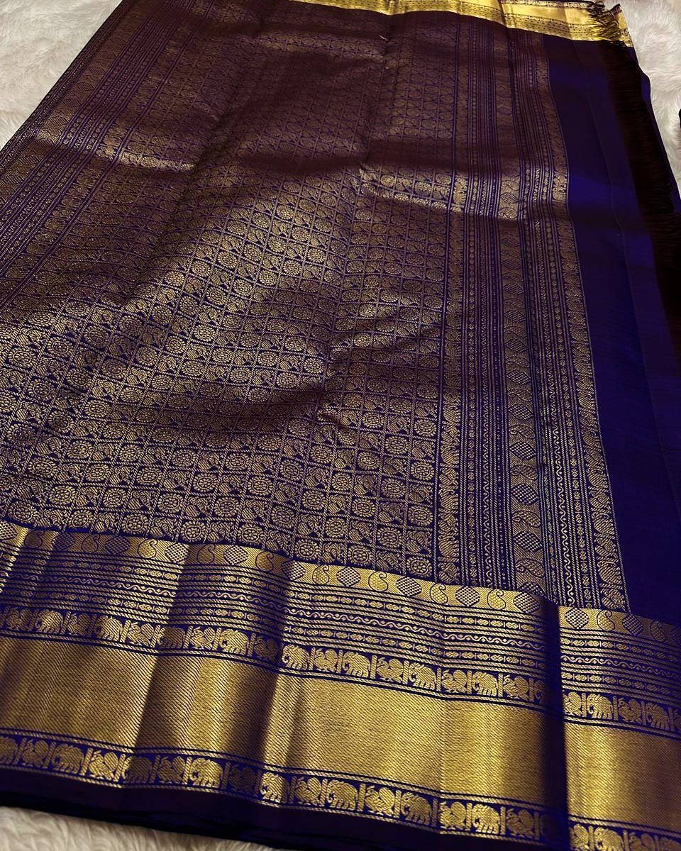 Royal Blue Banarasi Silk Saree with Gold Zari Elephant Motifs & Traditional Woven Border