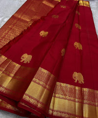 Classic Red Banarasi Silk Saree with Gold Zari Elephant Motif & Grand Traditional Border