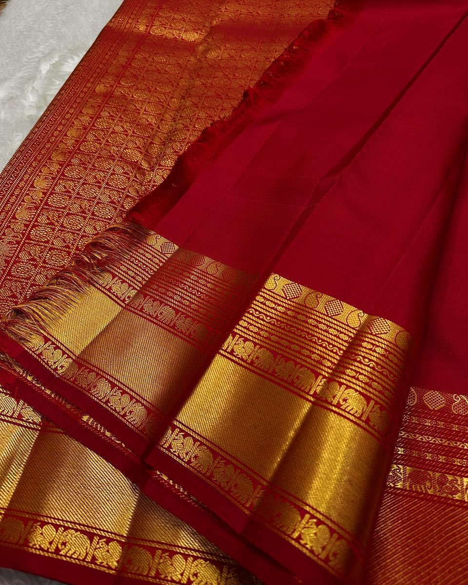 Classic Red Banarasi Silk Saree with Gold Zari Elephant Motif & Grand Traditional Border