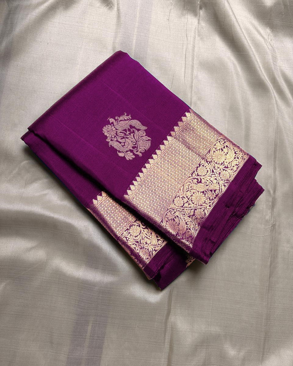 Royal Purple Banarasi Silk Saree with Gold Zari Floral Motif & Elegant Traditional Border
