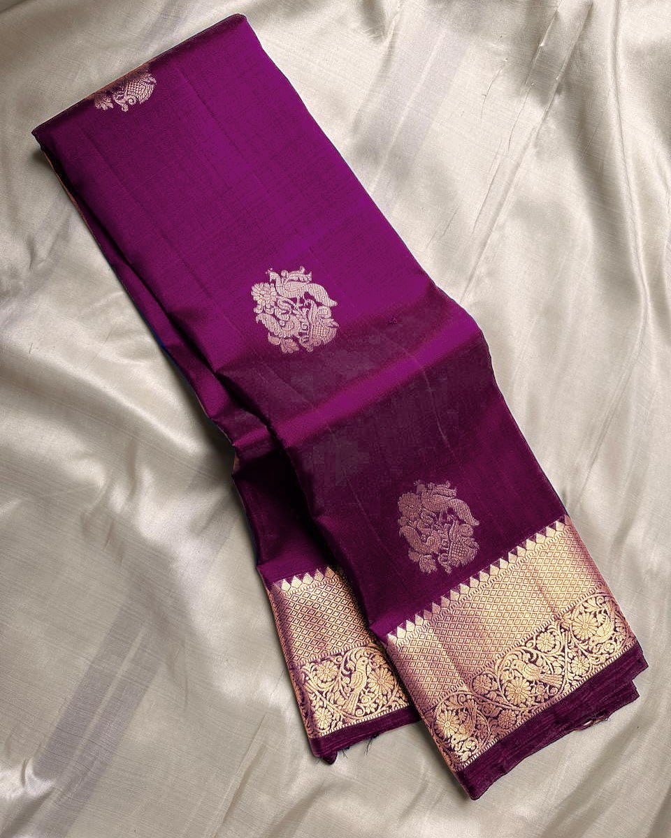 Royal Purple Banarasi Silk Saree with Gold Zari Floral Motif & Elegant Traditional Border