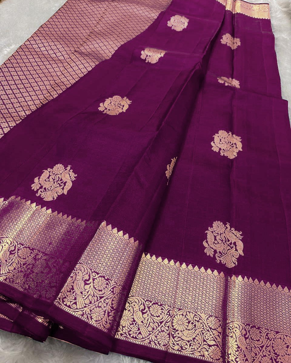 Royal Purple Banarasi Silk Saree with Gold Zari Floral Motif & Elegant Traditional Border