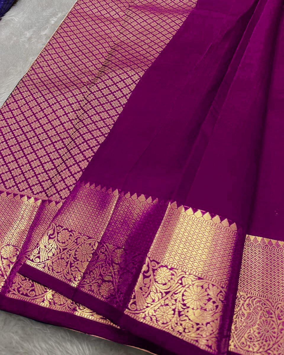 Royal Purple Banarasi Silk Saree with Gold Zari Floral Motif & Elegant Traditional Border