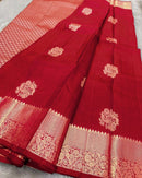 Classic Red Banarasi Silk Saree with Gold Zari Floral Motif & Elegant Traditional Border