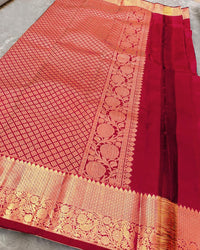 Classic Red Banarasi Silk Saree with Gold Zari Floral Motif & Elegant Traditional Border