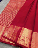Classic Red Banarasi Silk Saree with Gold Zari Floral Motif & Elegant Traditional Border