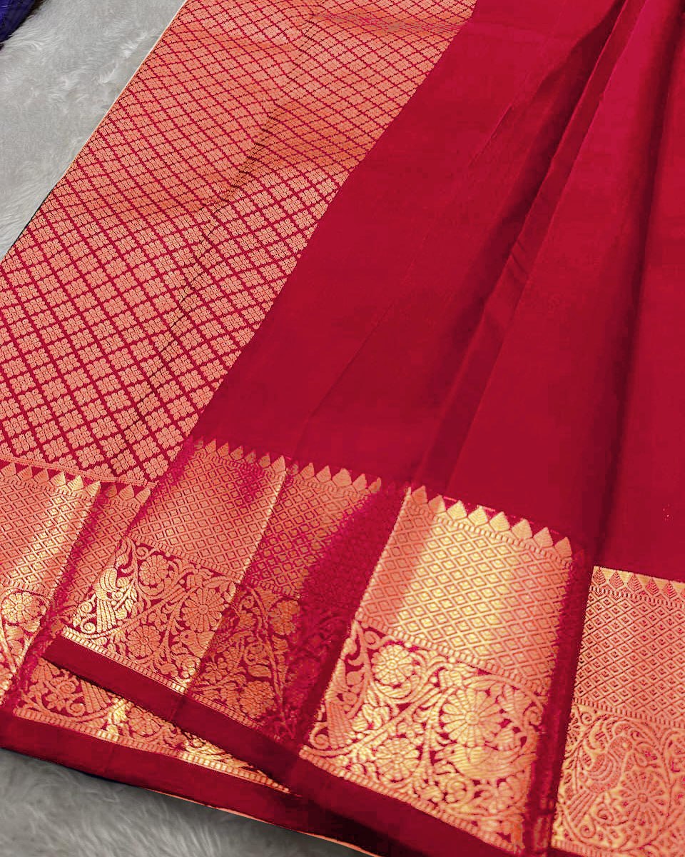 Classic Red Banarasi Silk Saree with Gold Zari Floral Motif & Elegant Traditional Border
