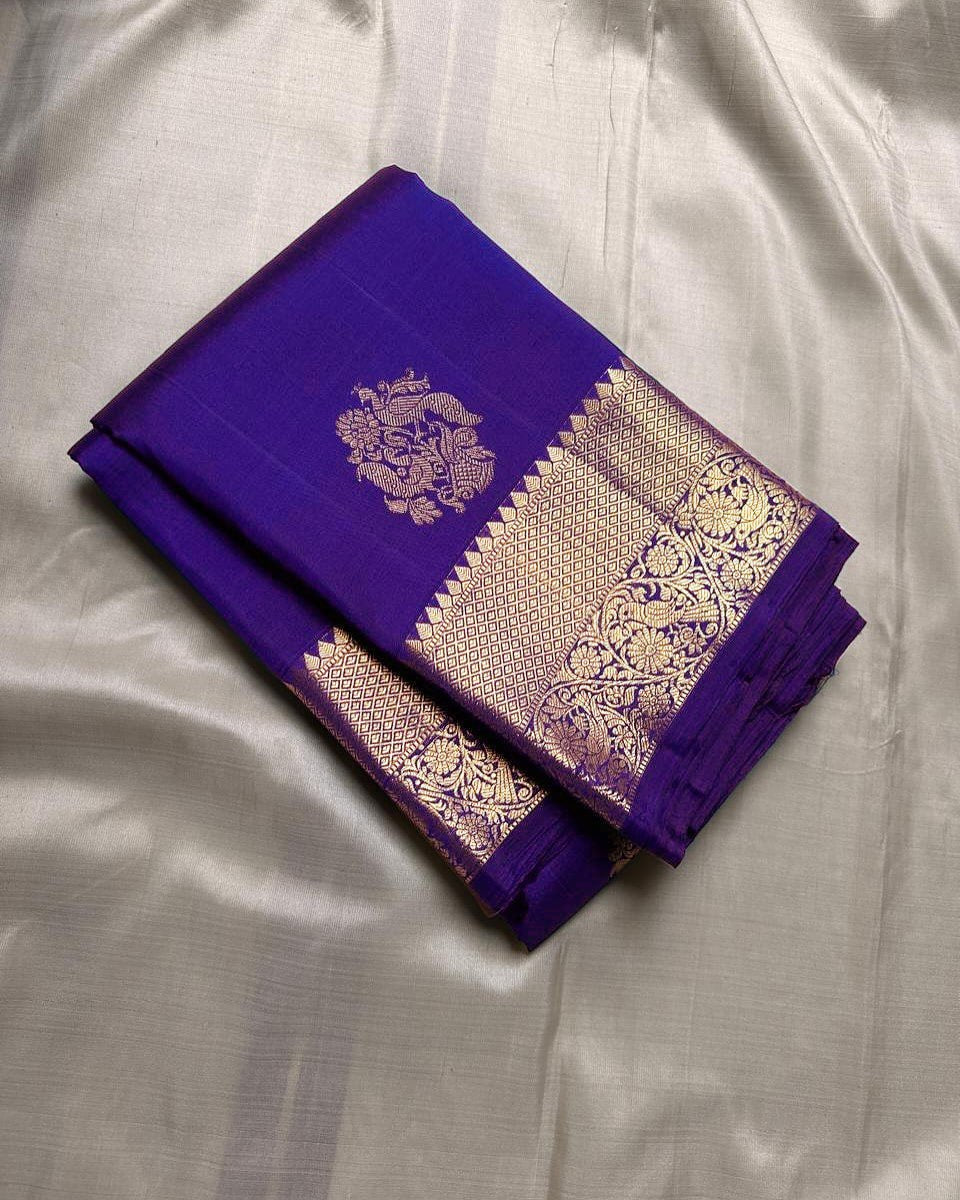 Royal Violet Banarasi Silk Saree with Gold Zari Floral Motif & Elegant Traditional Border