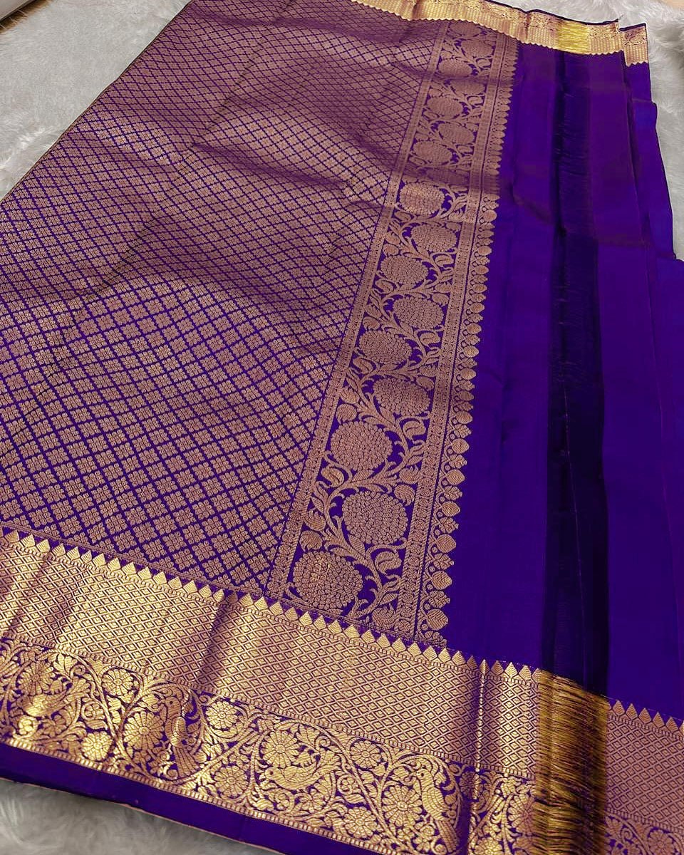Royal Violet Banarasi Silk Saree with Gold Zari Floral Motif & Elegant Traditional Border