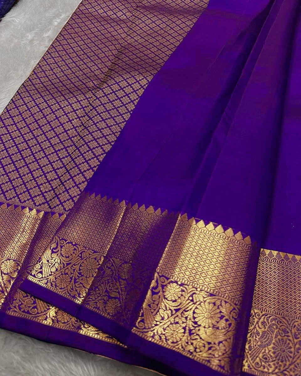 Royal Violet Banarasi Silk Saree with Gold Zari Floral Motif & Elegant Traditional Border