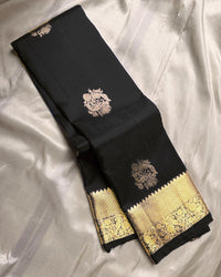 Classic Black Banarasi Silk Saree with Gold Zari Floral Motif & Elegant Traditional Border