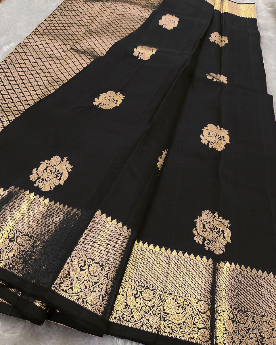Classic Black Banarasi Silk Saree with Gold Zari Floral Motif & Elegant Traditional Border
