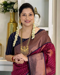 Wine Maroon Banarasi Silk Saree with Antique Gold Zari Border & Striped Weave