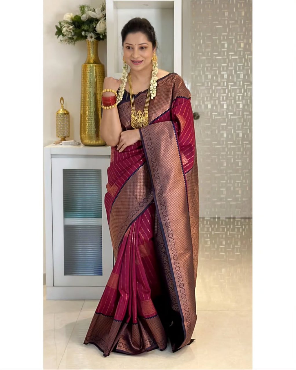 Wine Maroon Banarasi Silk Saree with Antique Gold Zari Border & Striped Weave