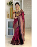 Wine Maroon Banarasi Silk Saree with Antique Gold Zari Border & Striped Weave