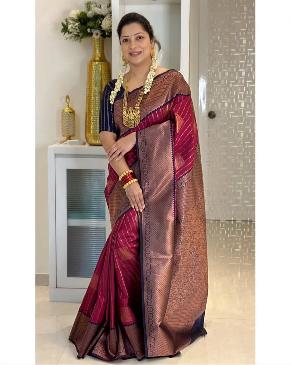Wine Maroon Banarasi Silk Saree with Antique Gold Zari Border & Striped Weave