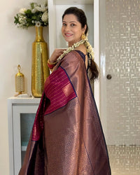 Wine Maroon Banarasi Silk Saree with Antique Gold Zari Border & Striped Weave