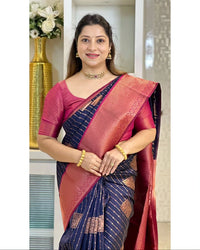 Navy Blue & Wine Banarasi Silk Saree with Antique Gold Zari Border