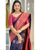 Navy Blue & Wine Banarasi Silk Saree with Antique Gold Zari Border