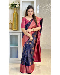 Navy Blue & Wine Banarasi Silk Saree with Antique Gold Zari Border