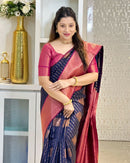 Navy Blue & Wine Banarasi Silk Saree with Antique Gold Zari Border