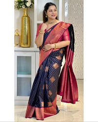 Navy Blue & Wine Banarasi Silk Saree with Antique Gold Zari Border