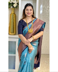 Teal Blue & Navy Banarasi Silk Saree with Antique Gold Zari Border