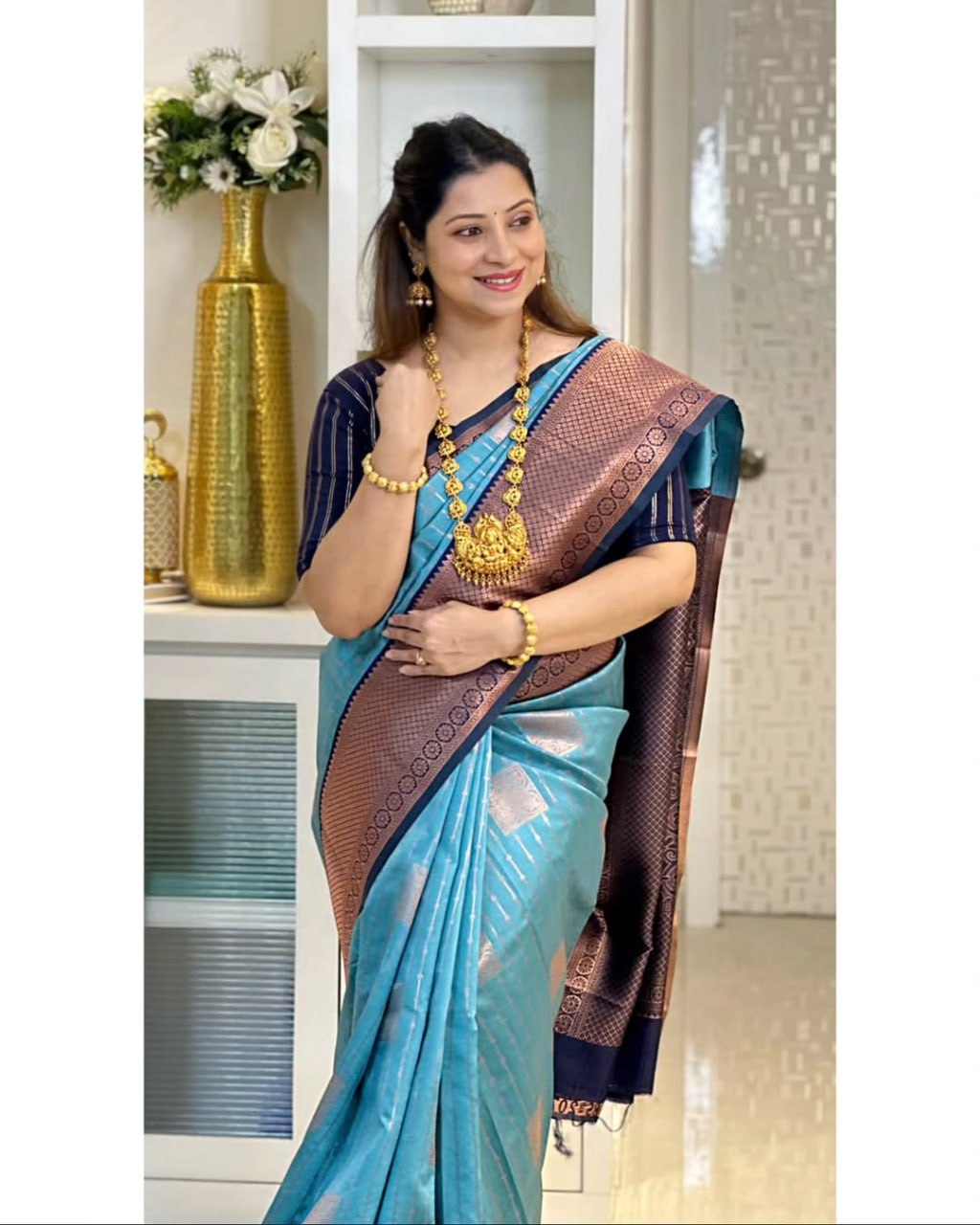 Teal Blue & Navy Banarasi Silk Saree with Antique Gold Zari Border