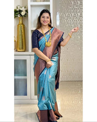 Teal Blue & Navy Banarasi Silk Saree with Antique Gold Zari Border