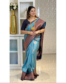 Teal Blue & Navy Banarasi Silk Saree with Antique Gold Zari Border