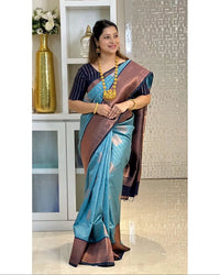 Teal Blue & Navy Banarasi Silk Saree with Antique Gold Zari Border
