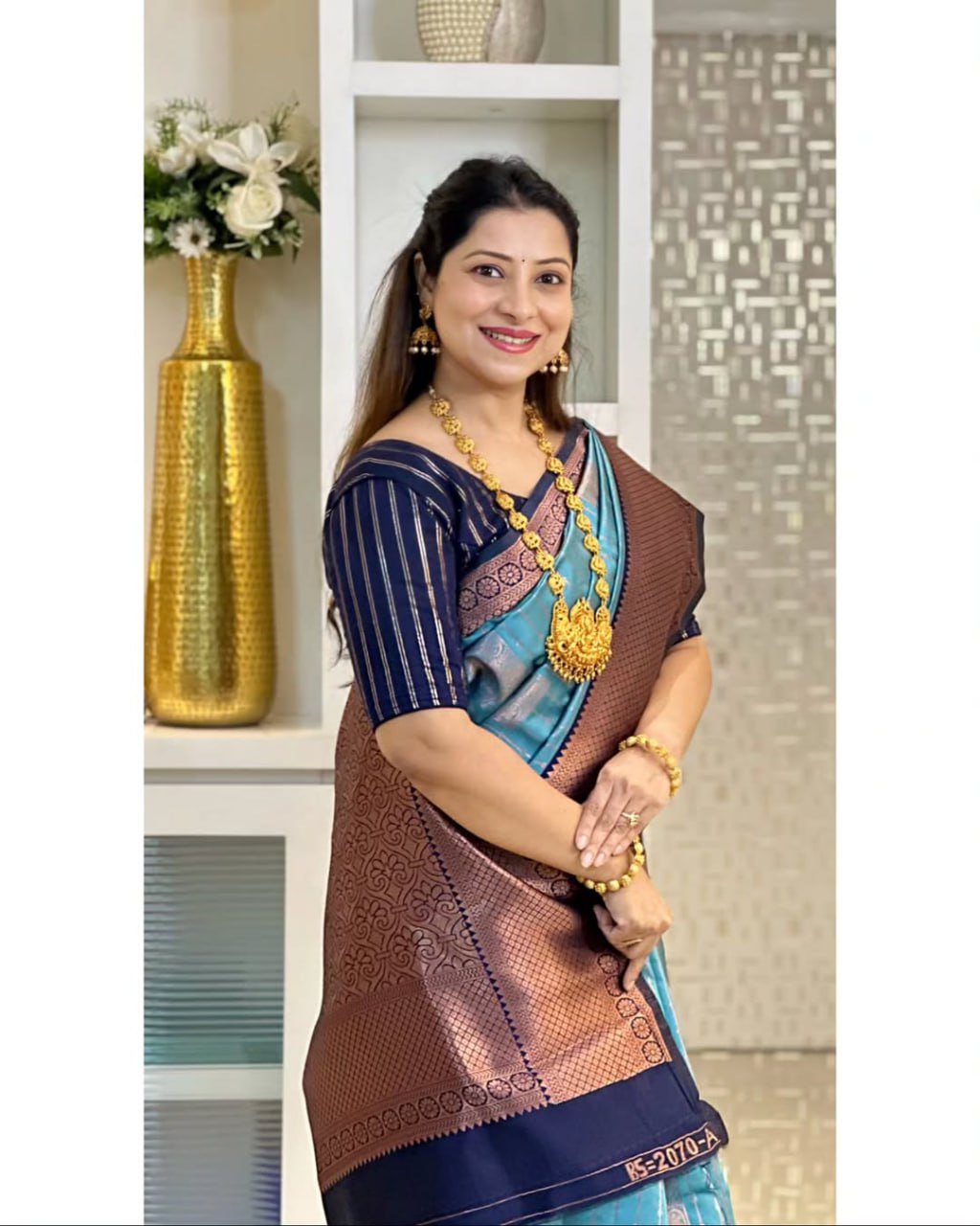 Teal Blue & Navy Banarasi Silk Saree with Antique Gold Zari Border