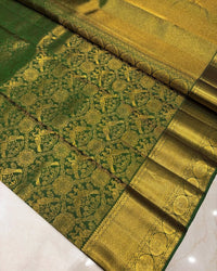 Bottle Green Banarasi Silk Saree with Rich Gold Zari Floral Weaving