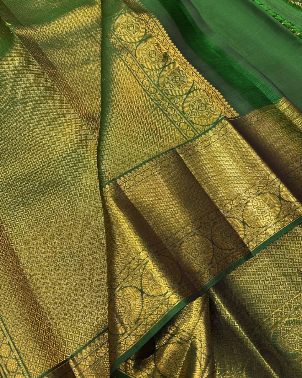 Bottle Green Banarasi Silk Saree with Rich Gold Zari Floral Weaving