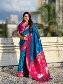 Teal Blue & Magenta Premium Luxury Silk Saree with Elephant Zari Motifs & Heavy Designer Border