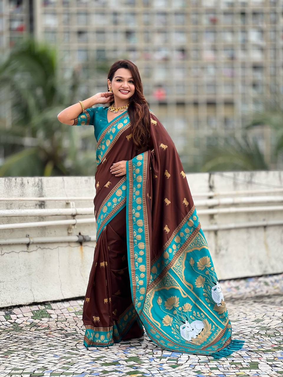 Chocolate Brown & Peacock Teal Premium Luxury Silk Saree with Elephant Zari Motifs & Grand Lotus Border