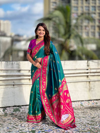Teal Green & Rani Pink Premium Luxury Silk Saree with Elephant Zari Motifs & Grand Lotus Border
