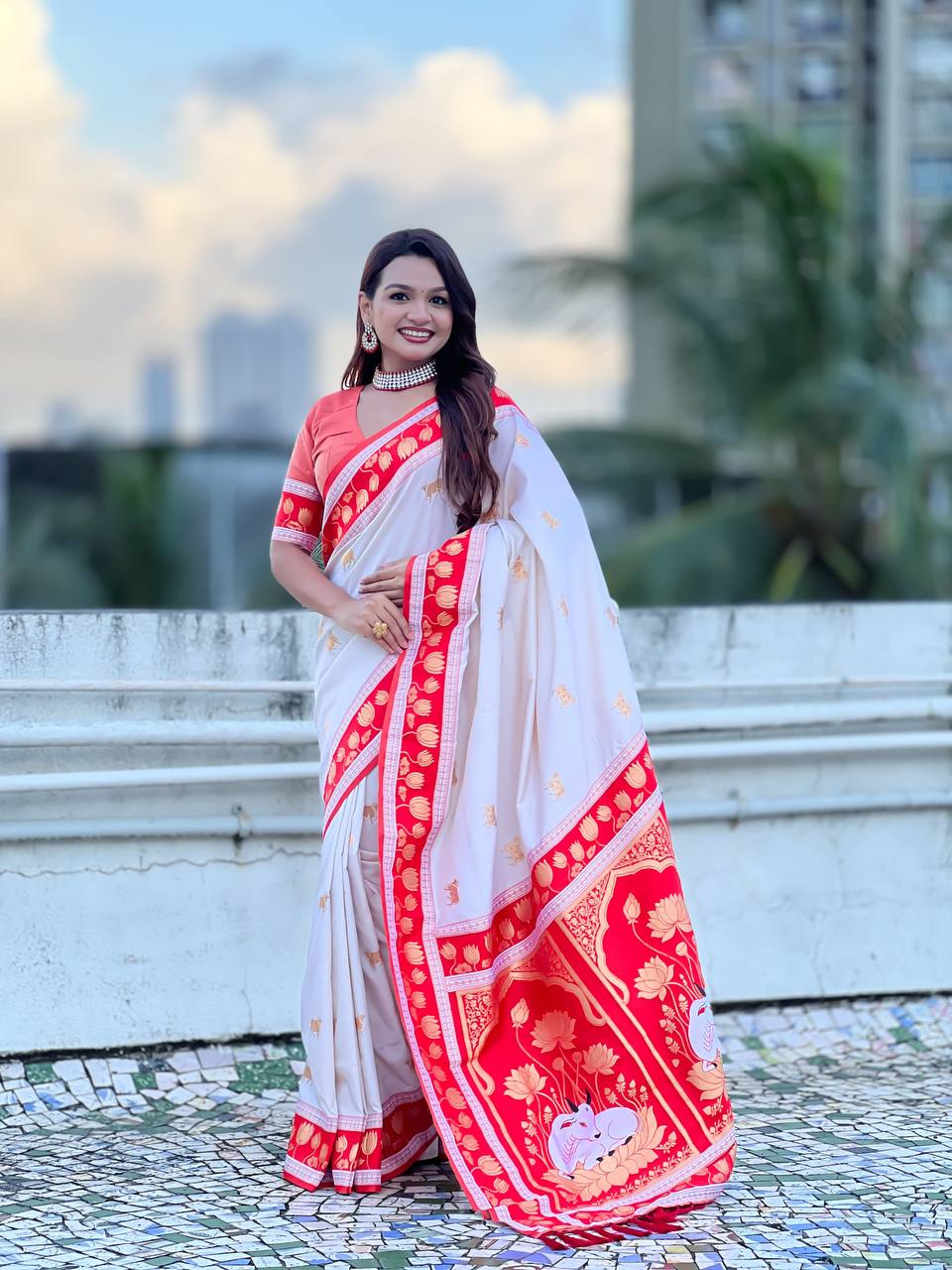 Ivory White & Crimson Red Premium Luxury Silk Saree with Gold Lotus Zari Border & Royal Pallu