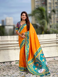 Mustard Gold & Teal Green Premium Luxury Silk Saree with Gold Zari Lotus Border & Royal Pallu