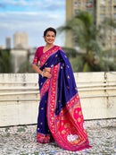 Royal Blue & Magenta Premium Luxury Silk Saree with Gold Zari Animal Motifs & Lotus Border