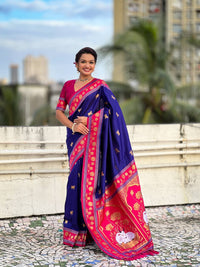 Royal Blue & Magenta Premium Luxury Silk Saree with Gold Zari Animal Motifs & Lotus Border