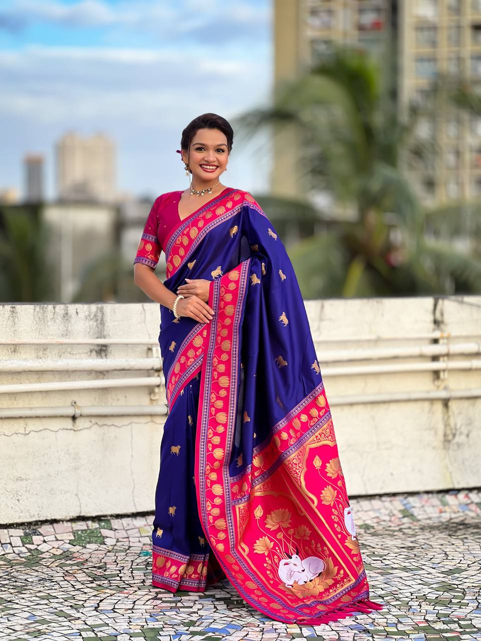 Royal Blue & Magenta Premium Luxury Silk Saree with Gold Zari Animal Motifs & Lotus Border