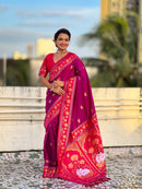 Wine & Crimson Red Premium Luxury Silk Saree with Gold Zari Animal Motifs & Lotus Border
