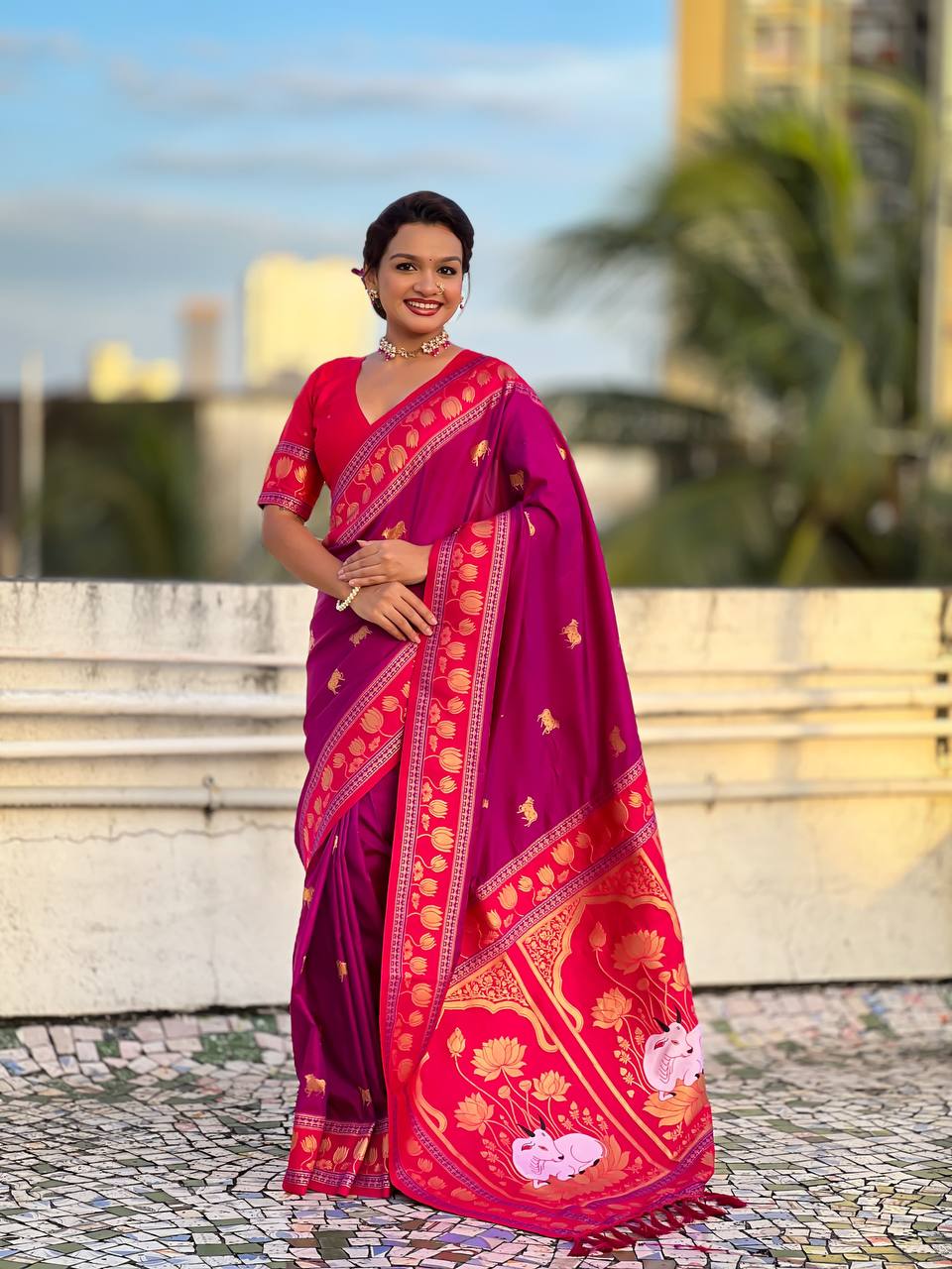 Wine & Crimson Red Premium Luxury Silk Saree with Gold Zari Animal Motifs & Lotus Border